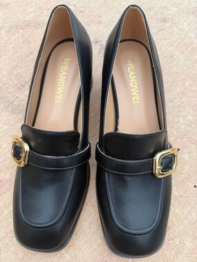 Black Leather Buckle Loafers for Women